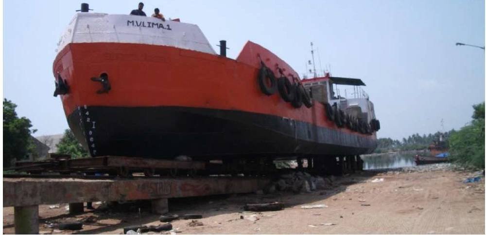 Hull priming and painting work on a vessel at the Dynamic Engineers slipway