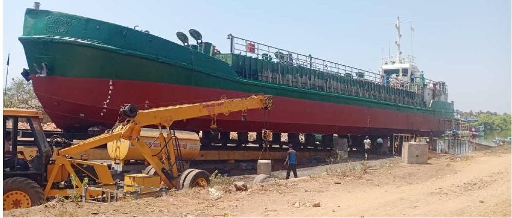 Large vessel hull on the Dynamic Engineers slipway during repair